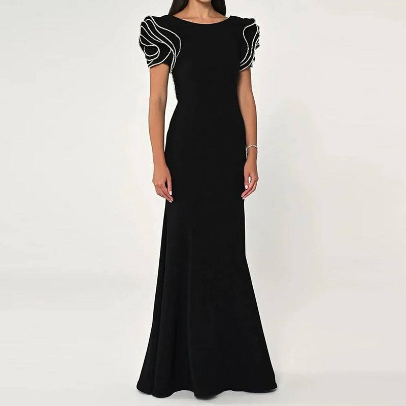 Round Neck Petal Sleeve Fishtail Skirt Dress - kinko