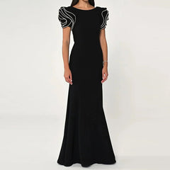 Round Neck Petal Sleeve Fishtail Skirt Dress - kinko