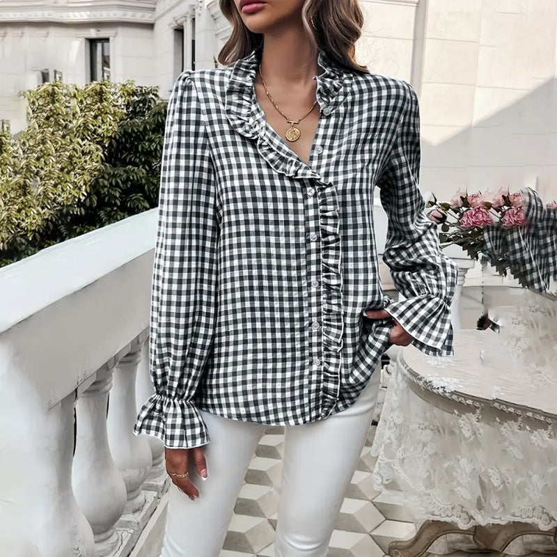 Women's French Style Checkered Button-Up Shirt - Elegant Plaid Pattern, Stand Collar With Ruffled Cuffs, Comfortable Wear - kinko