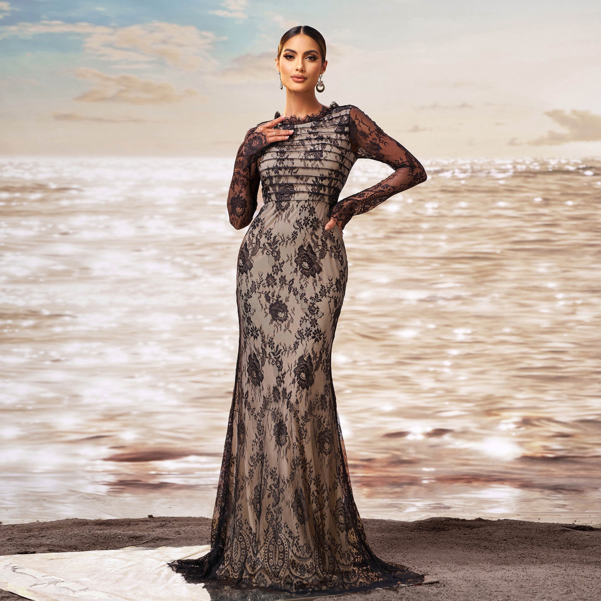 Long Sleeve Round Collar Gauze Sheath Fishtail Evening Dress - kinko