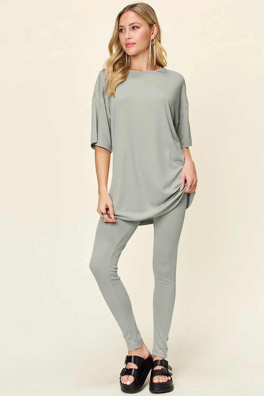 Double Take Full Size Round Neck Dropped Shoulder T-Shirt and Leggings Set - kinko
