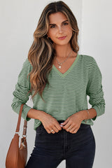Green Stripe V Neck Stretchy Long Sleeve Top - kinko