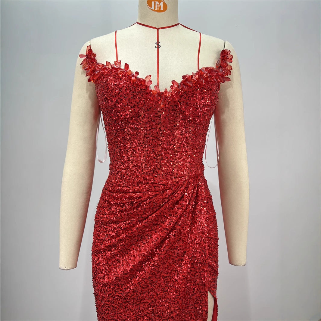 Drop-shaped Diamond Sexy Low-cut High Sitt Red Paillette Tube Coat And Dress - kinko