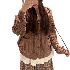 Fall Winter Hooded Knitwear Coat For Women Thickened Single-breasted Knitwear Top For Women