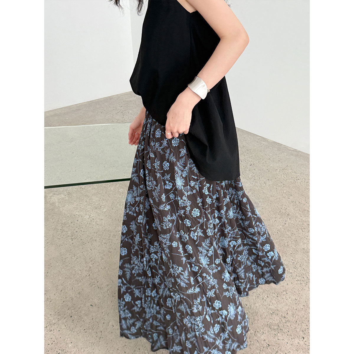 Vintage Floral Women's Summer Loose Pleated High Waist Drooping A- Line Umbrella Skirt - kinko