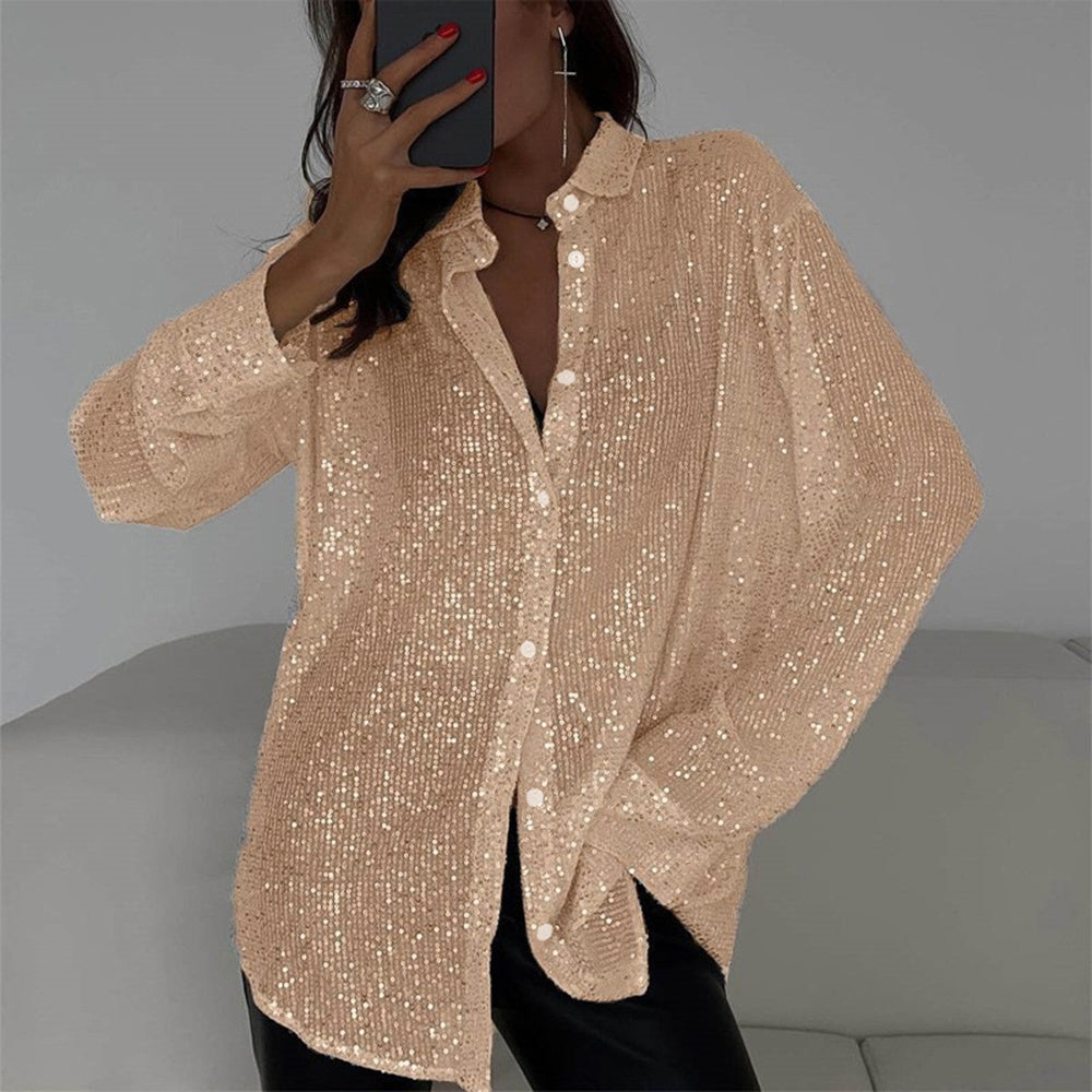 Elegant Women's Sequin Shirt - Stylish Long Sleeve Button-Up Blouse With Glitter Details, Perfect For Party & Casual To Formal Wear - kinko