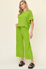 Double Take Full Size Texture Round Neck Short Sleeve T-Shirt and Wide Leg Pants - kinko