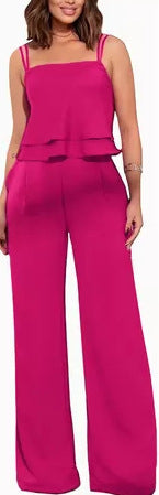 Sling Pure Color Ruffles Top Straight-leg Pants Fashion Suit - kinko