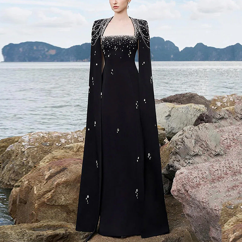 Beaded Lanyard Shawl Sleeve And Floor Long Dress - kinko