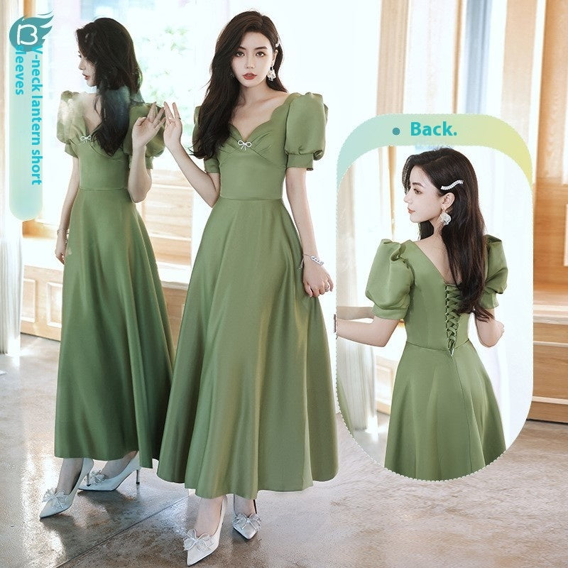 2024 Avocado Green Sisters Group Dress Skirt Women Satin Spring - kinko