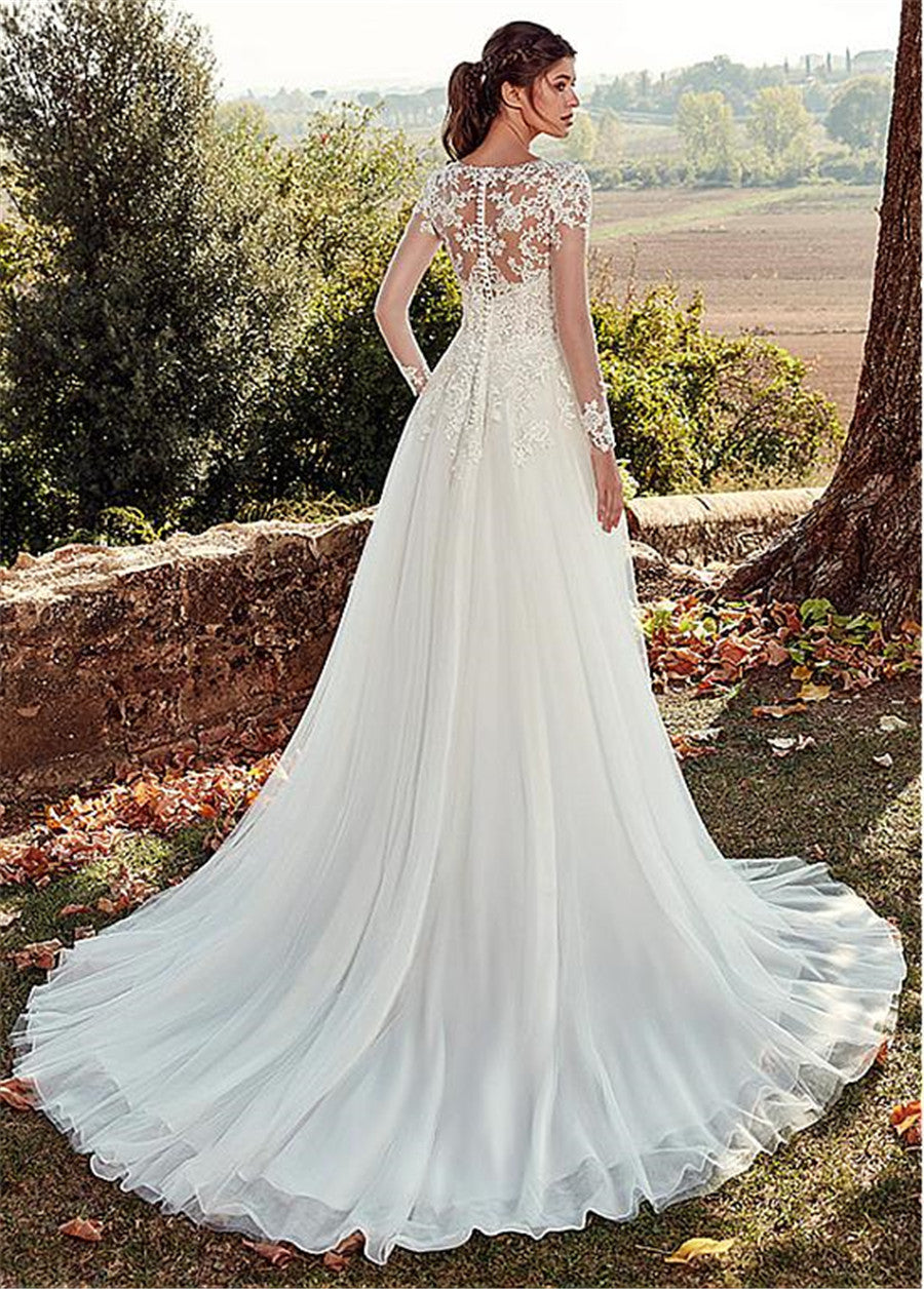 High U-neck Lace Long Sleeve A- Line Long Tail Simple Wedding Dress - kinko