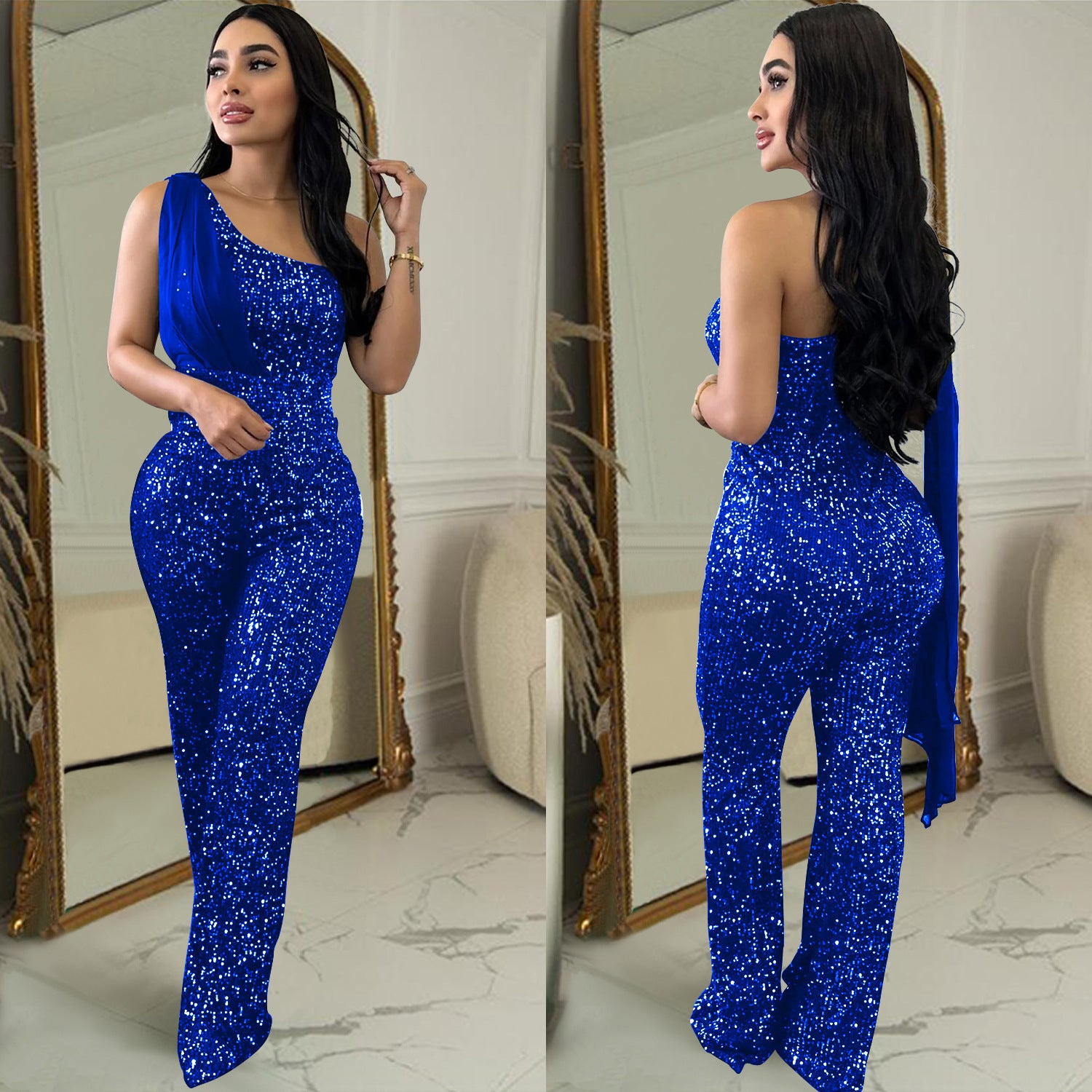 Women's Solid Color Sleeveless One-shoulder Sequined Trousers Jumpsuit - kinko