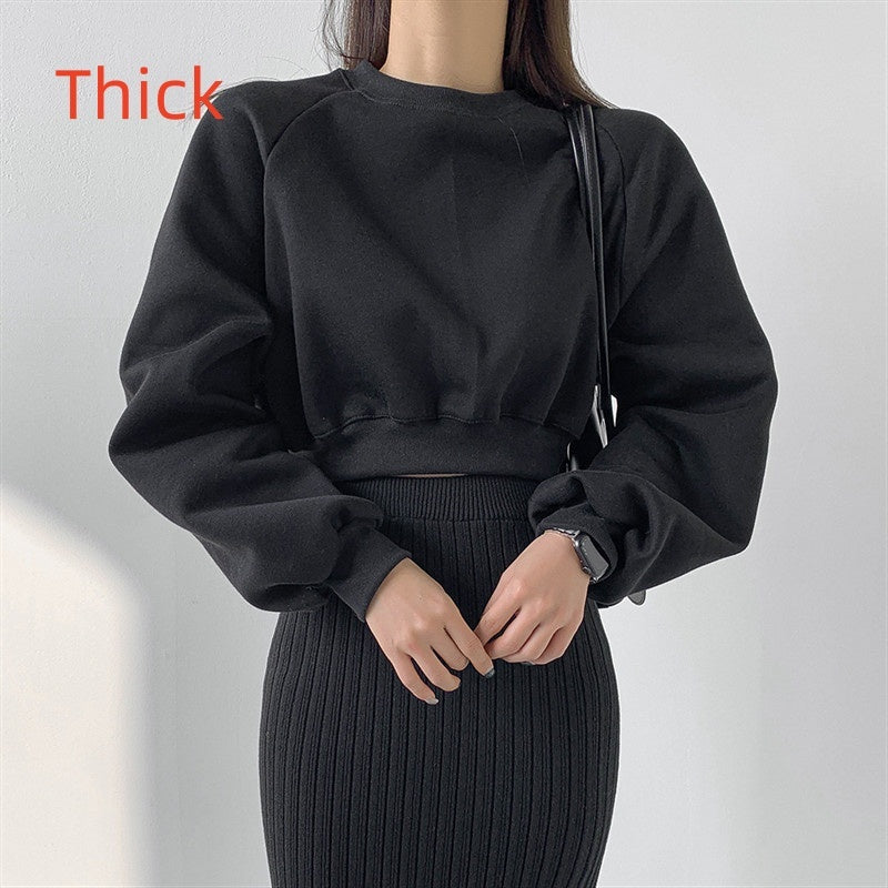 Round Neck Waist Trimming High Waist Short Sweatshirt - kinko