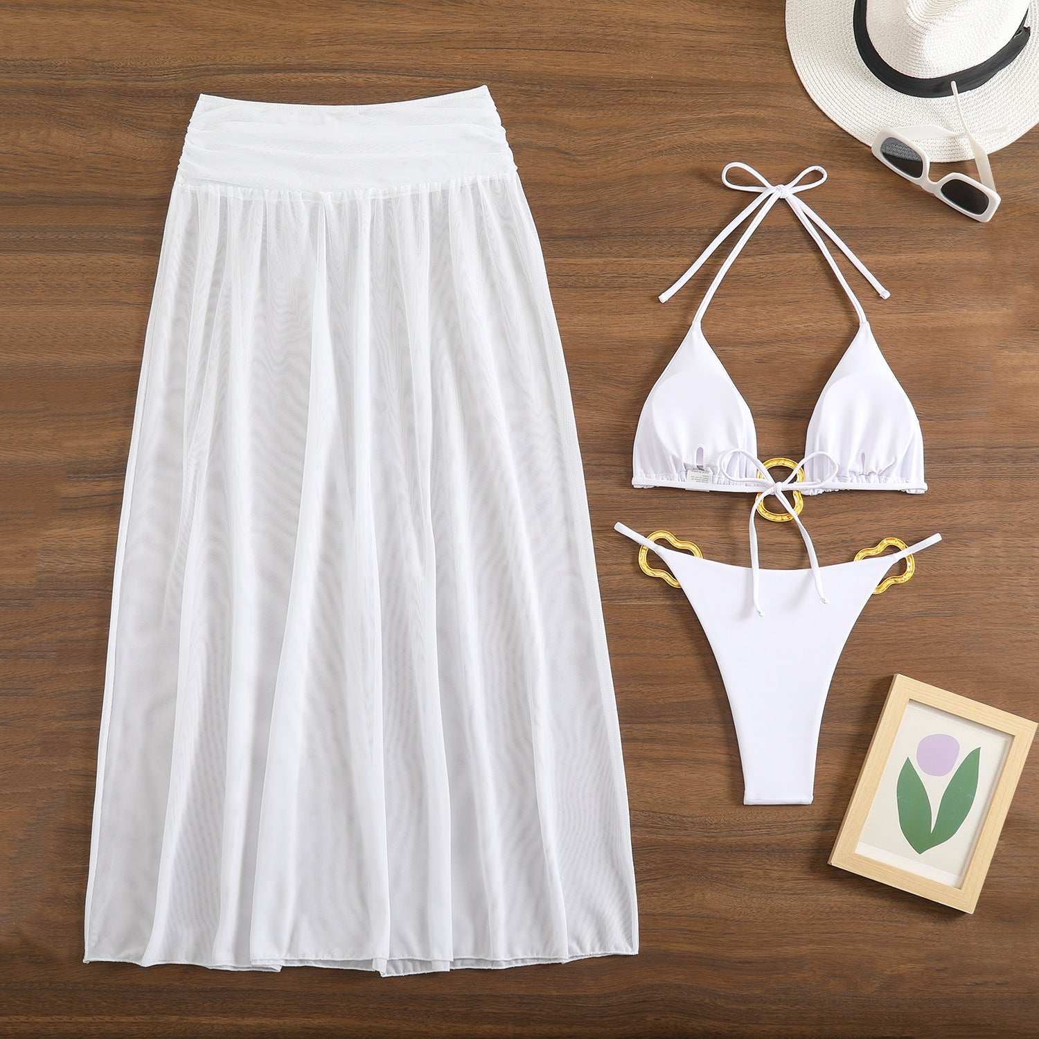 Solid Color Mesh Long Skirt Sexy Swimsuit Women Bikini Three Piece Swimsuit - kinko Global Holdings inc