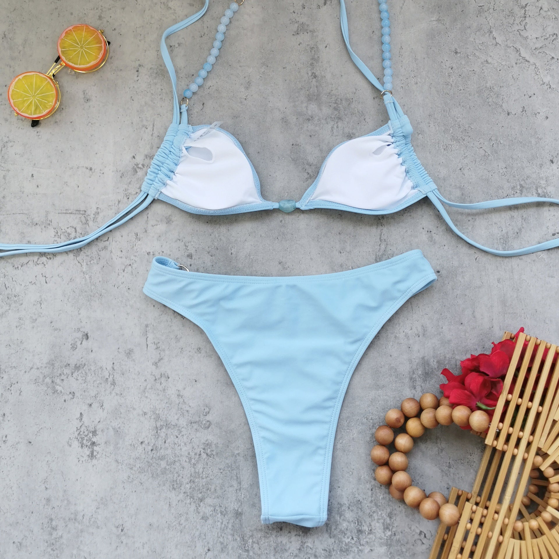 Three Point Strap Low Waist Pure Colored Fresh Bikini Backless Split Swimsuit Women - kinko Global Holdings inc