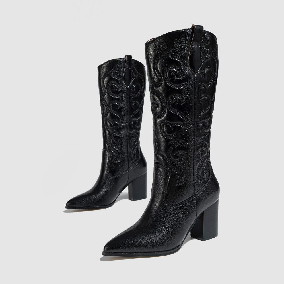 Knee High Boots Thick Sponge Soft Embroidered Floral Personality Pointed Chunky Heel High Heel plus Size Boots Ethnic - kinko Global Holdings inc