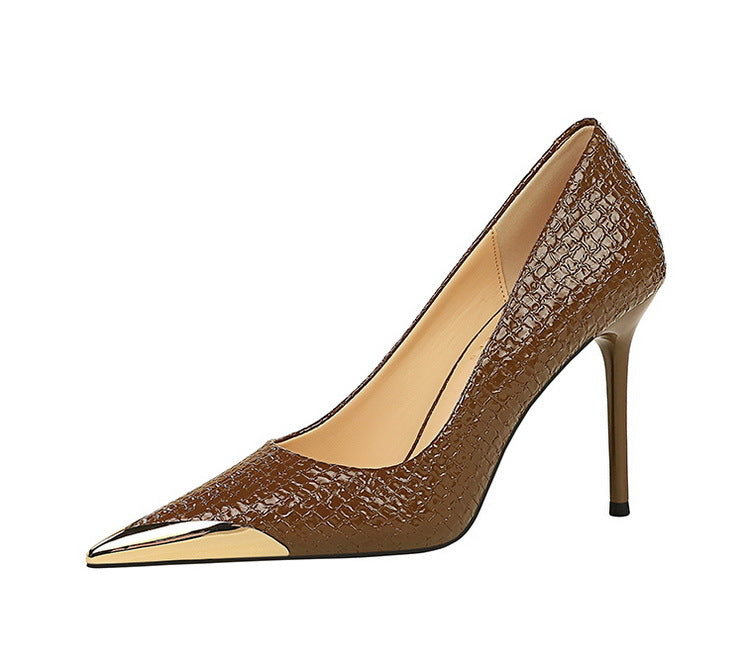 Retro High Heels Stiletto Heel Cocktail Women Shoes Snake Pattern Patent Leather Low Cut Metal Pointed High Heel Pumps - kinko Global Holdings inc