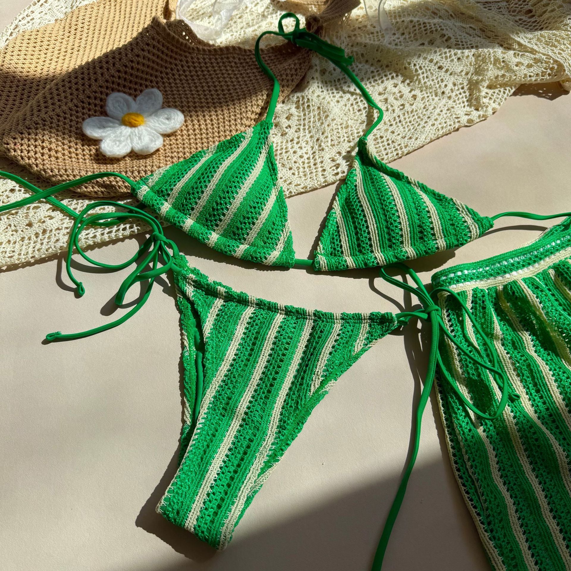 Sexy Lace up Striped Three Piece Swimsuit Bikini - kinko Global Holdings inc