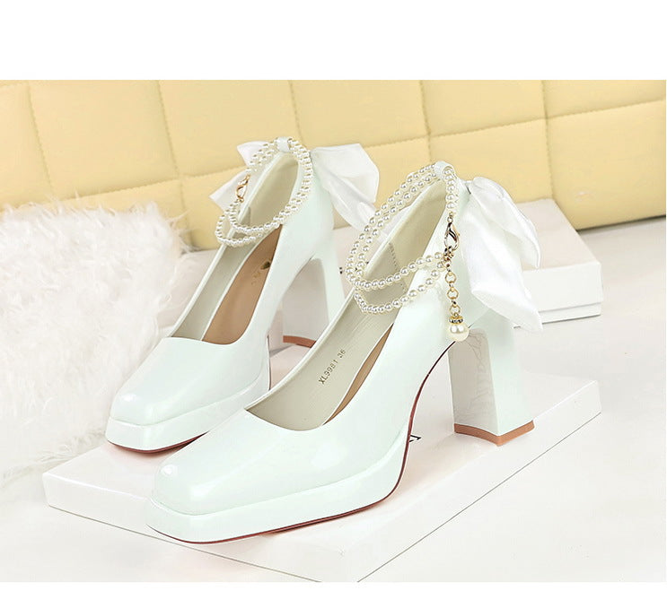 Square Toe Thick Heel Super High Heel Waterproof Platform Pearl Chain Word with Bowknot Wedding Shoes Pumps - kinko Global Holdings inc