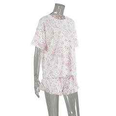 Autumn Casual Home Wear round Neck Short Sleeve Ruffled Shorts Two Piece Knitted Printed Pajamas for Women
