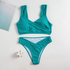Sexy Solid Color Vest Wide Shoulder Strap High Waist Bikini