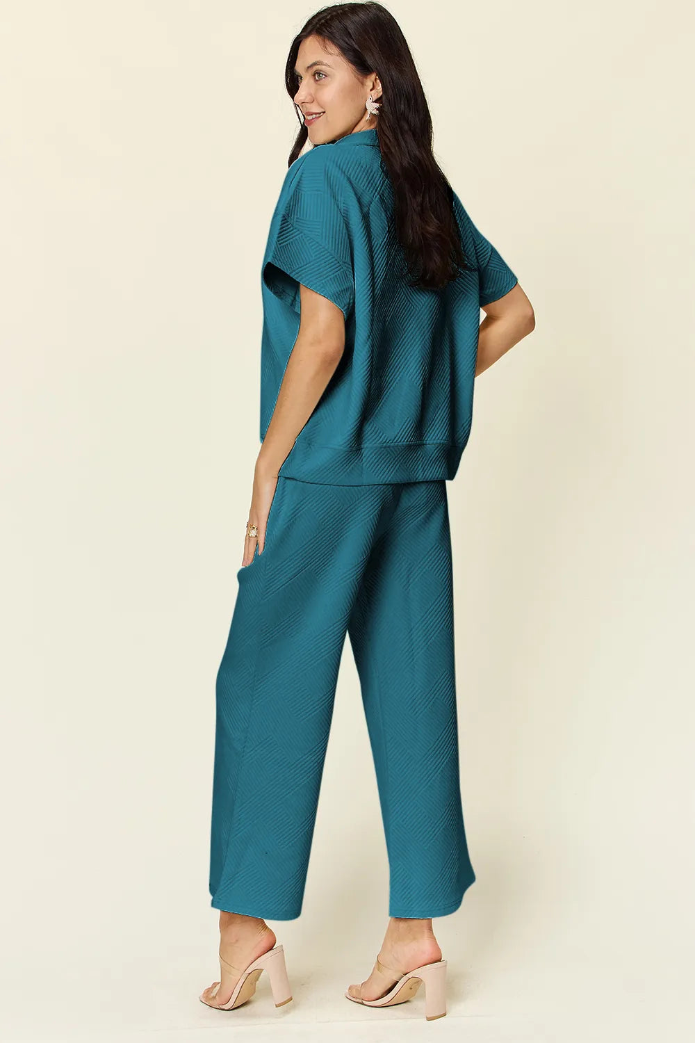 Double Take Full Size Texture Half Zip Short Sleeve Top and Pants Set - kinko