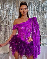 Purple Sequined Feather Skirt One-shoulder Sleeve Short Dress Luxury Party Stage Performance Dress - kinko