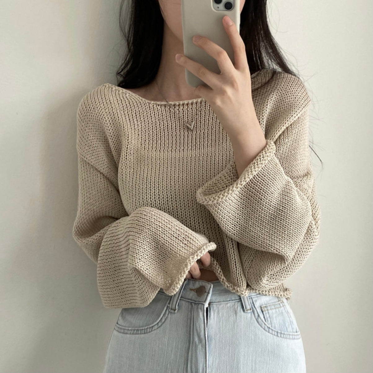 Off-neck Casual Sun-proof Blouse Thin Knitted Top - kinko
