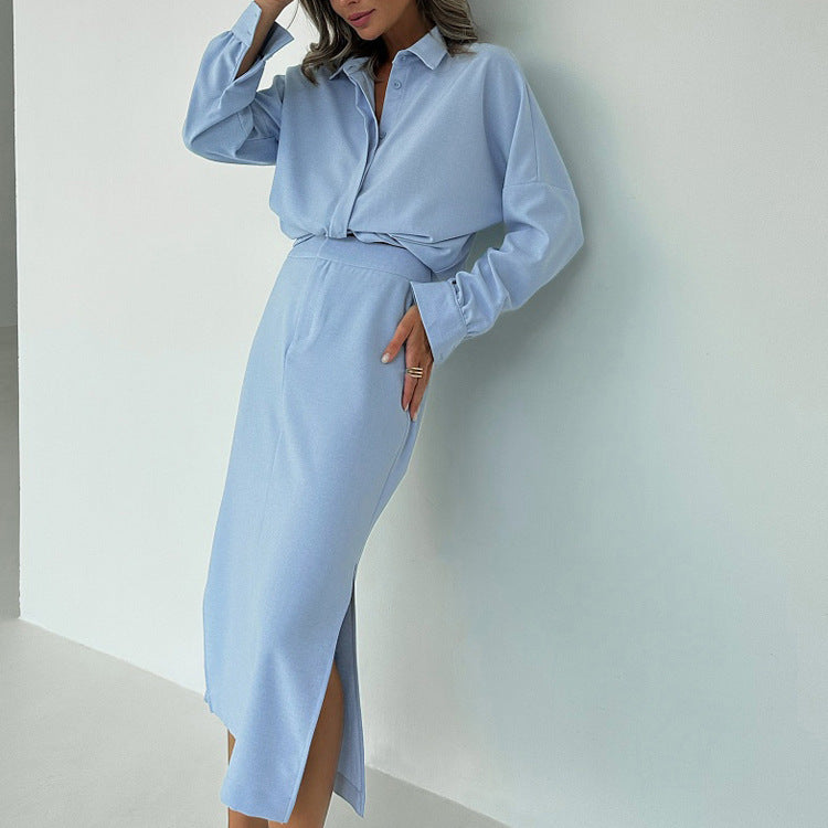 Cotton Lapel Long Sleeve Cardigan Top Split Skirt Commuting Suit - kinko