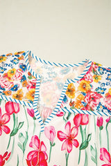 Plus Size Floral Print Striped Trim V Neck Blouse - kinko