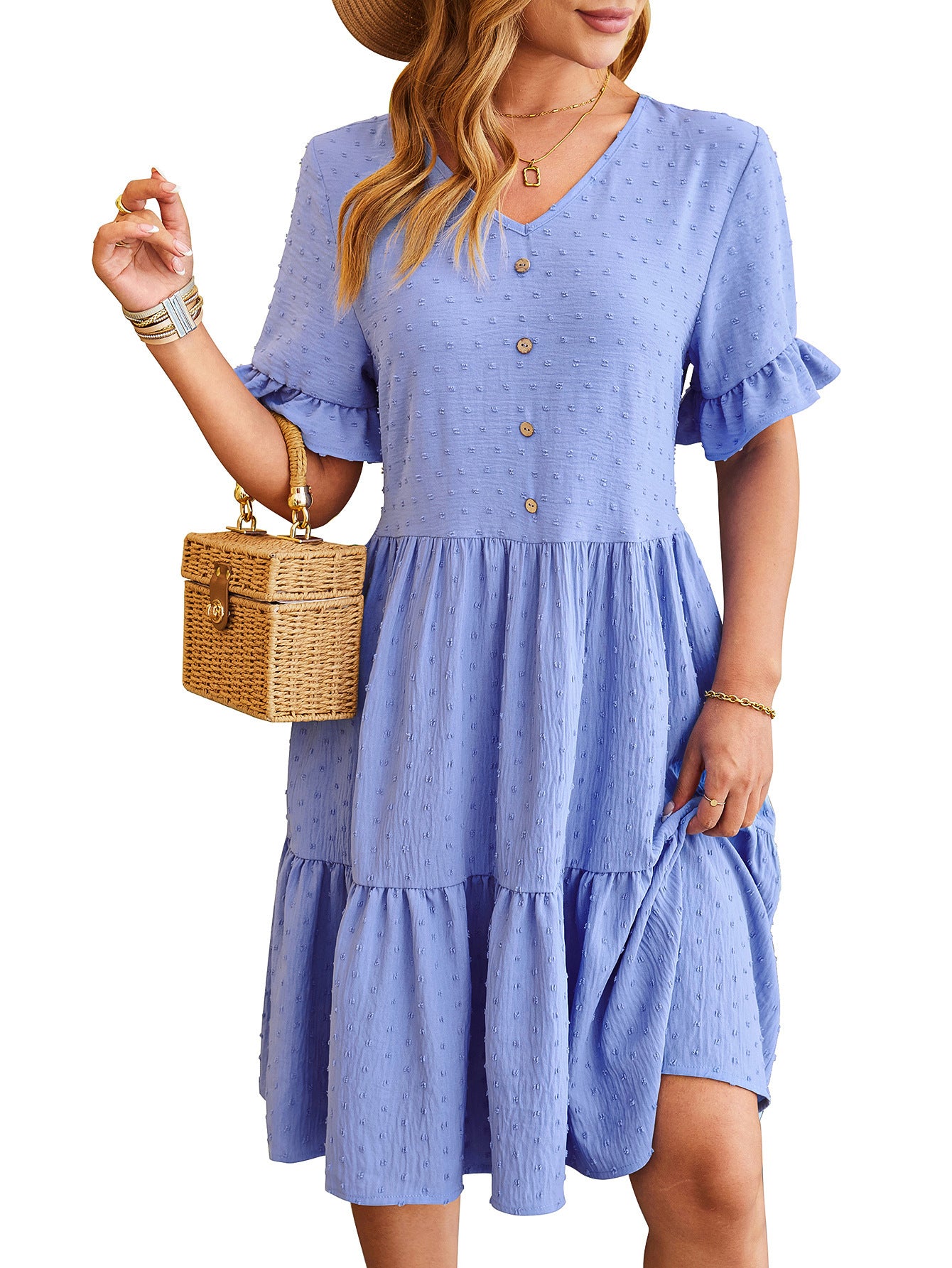 New V-neck Ruffle Short-sleeved Dress Summer Casual Fashion Button Jacquard Design Pleated Dresses Solid Color Womens Clothing - kinko