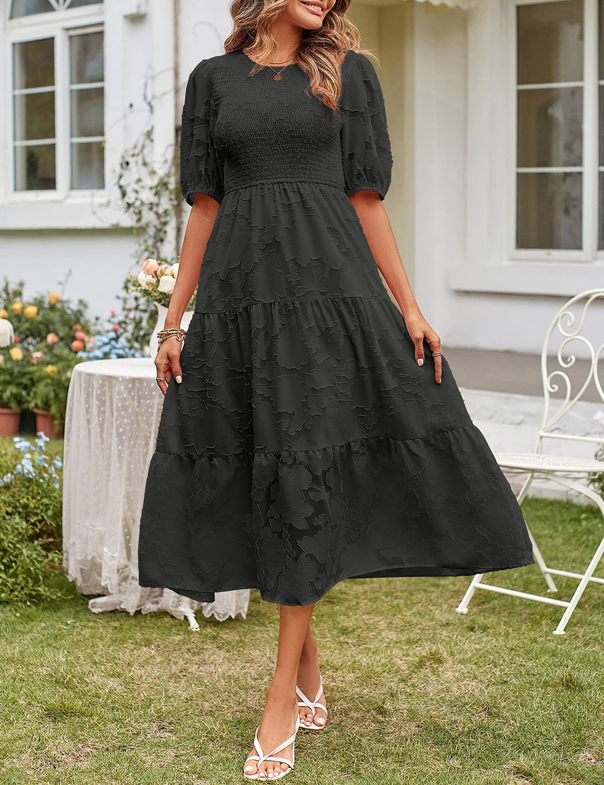 Women's Summer Casual Lace Dress Floral Ruffle Puff Short Sleeve High Waist Midi Beach Dresses - kinko