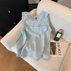 Lace Stitching Sleeveless Cotton And Linen Suit Women - kinko