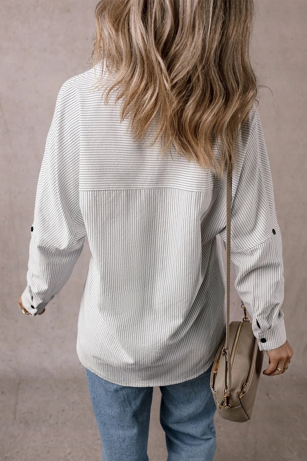 Stripe Roll-tab Sleeve Pocketed Long Shirt - kinko