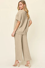 Double Take Full Size Texture Short Sleeve Top and Pants Set - kinko