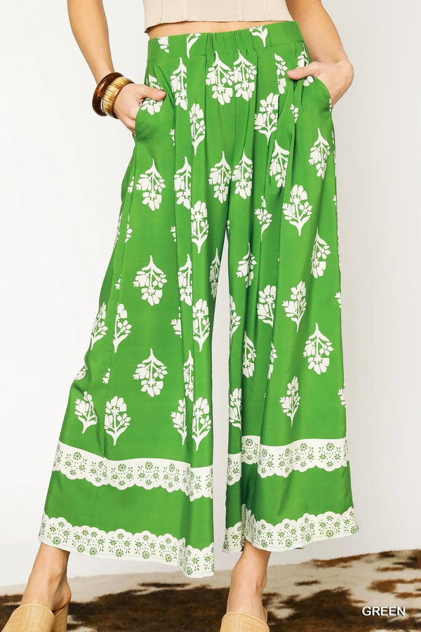 Umgee Floral Pleated Wide-Leg Pants