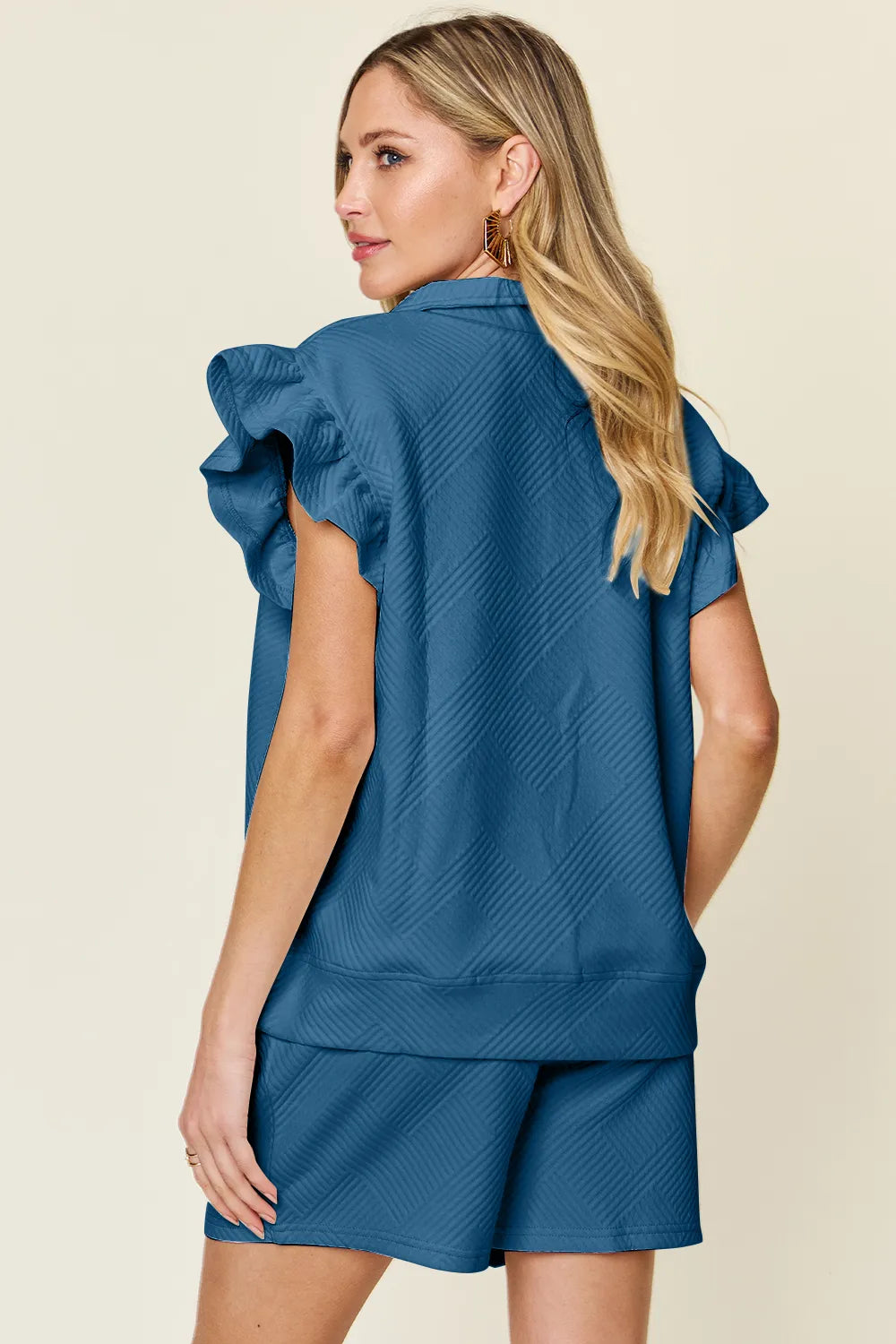 Double Take Full Size Texture Flounce Sleeve Top and Drawstring Shorts Set - kinko