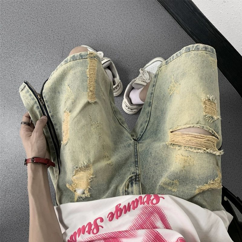 Retro Yellow Mud Ripped Denim Shorts Men's Loose Five Points - kinko