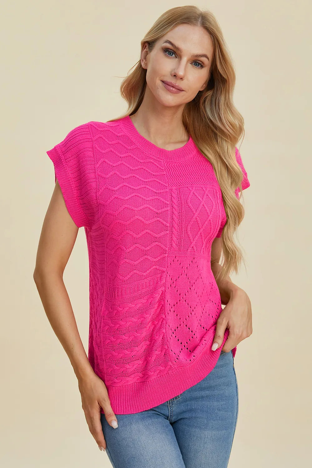 Double Take Full Size Cable-Knit Round Neck Cap Sleeve Sweater - kinko