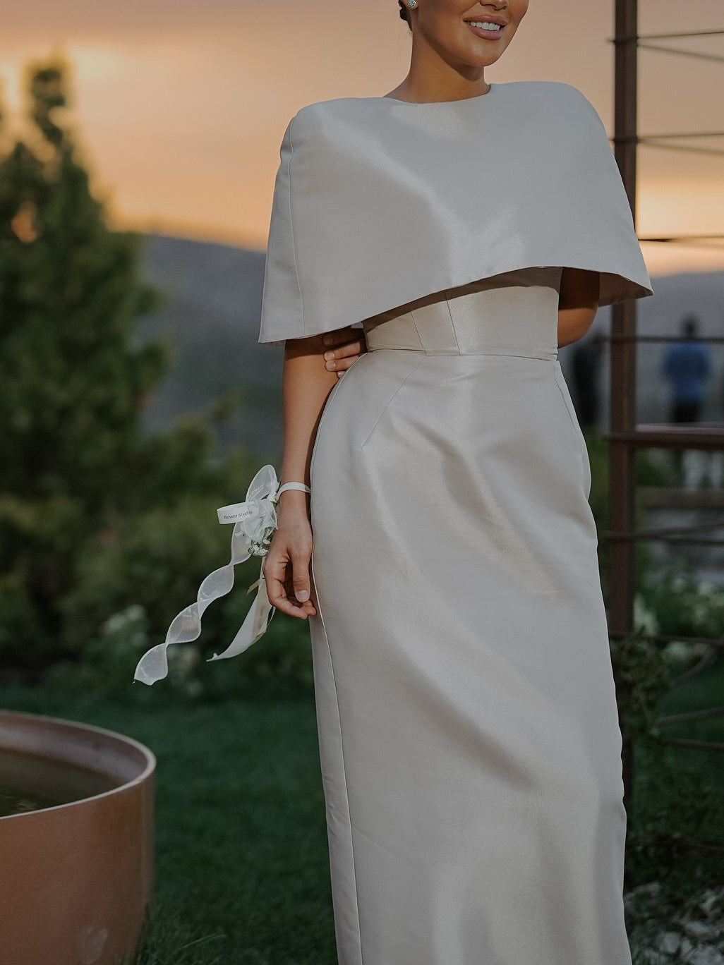 Satin Cape-style Top &Fitted Maxi Dress Set - kinko