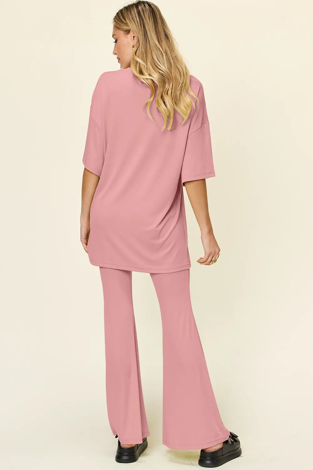 Double Take Full Size Round Neck Drop Shoulder T-Shirt and Flare Pants Set - kinko