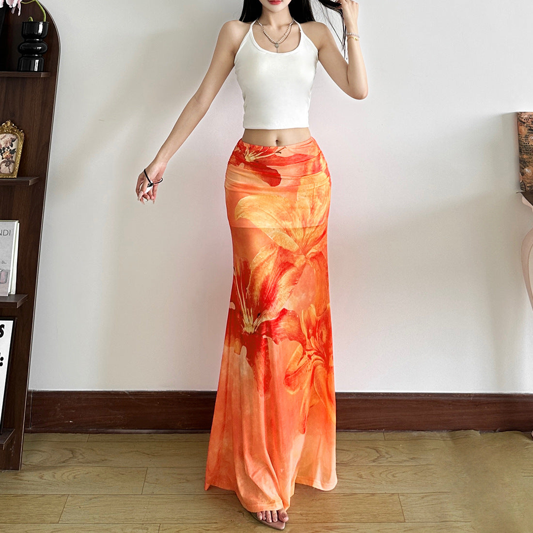 Vacation Style Printed Semi See-through High Waist Slim Skirt - kinko