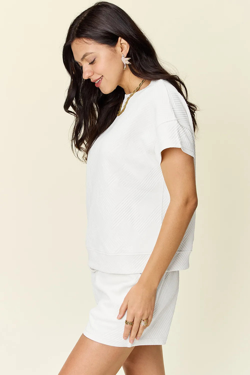 Double Take Full Size Texture Short Sleeve T-Shirt and Drawstring Shorts Set - kinko