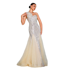 One-shoulder Diagonal Collar Slim-fit Sheath Sequined Slit Evening Dress - kinko