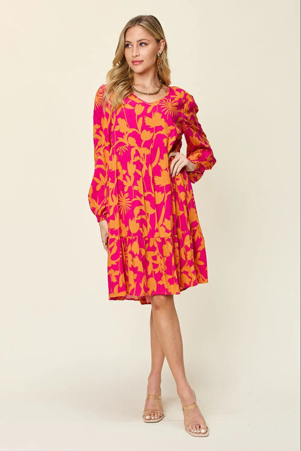 Double Take Full Size Printed Ruffle Hem Dress with Pocket - kinko