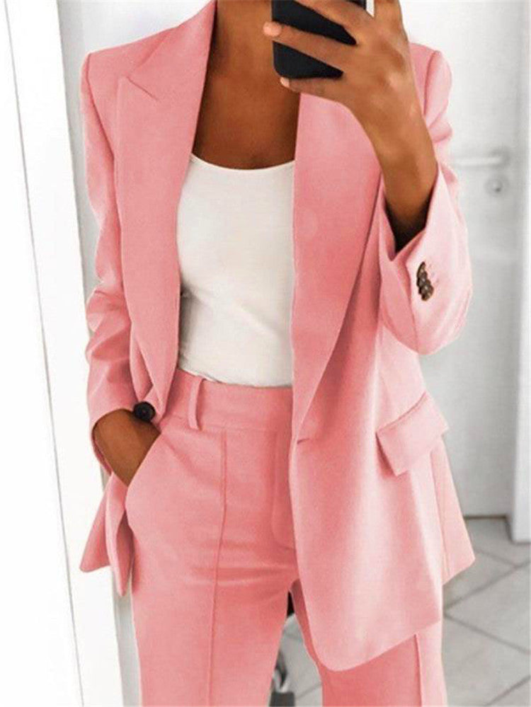 Ins Button Casual Suit Fashion Long-sleeved Lapel Blazer Jacket And Slim-fit Pocket Trousers For Women Clothing - kinko