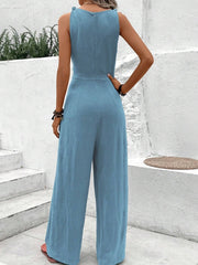 Blue V-Neck Twist Strap Jumpsuit For Women - kinko
