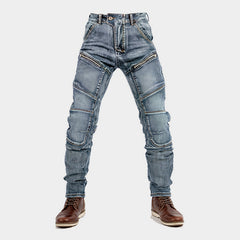 European And American Motorcycle Double Zipper Cycling Pants Four Seasons Slim Racing Anti-fall Jeans - kinko