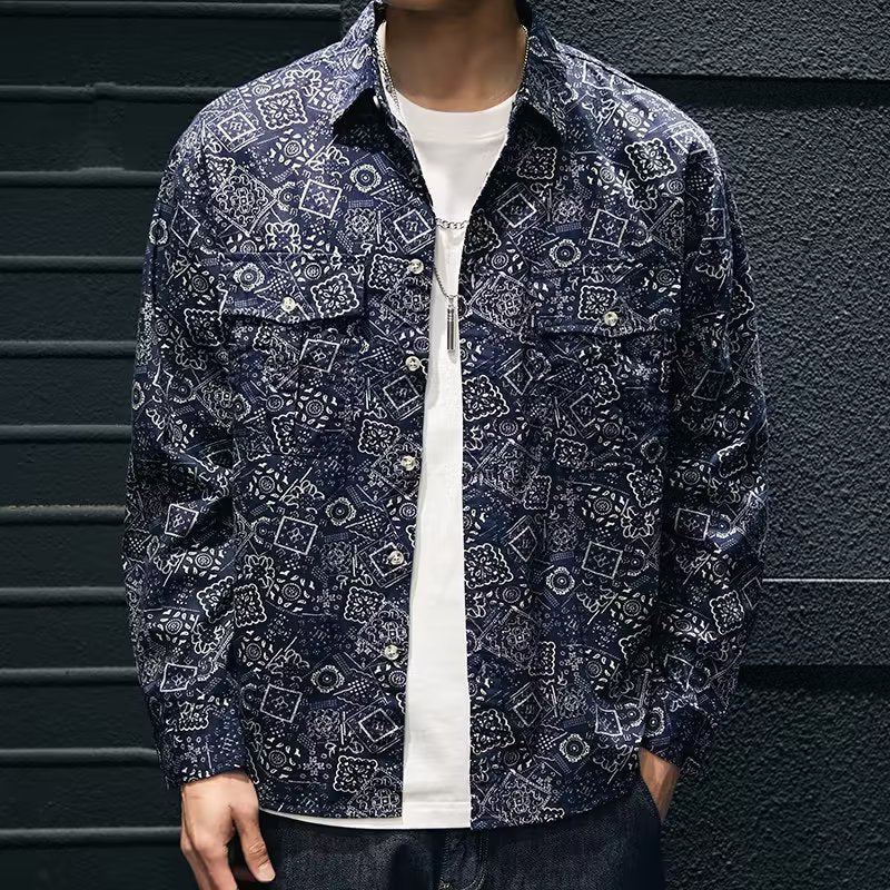 Social Style Denim Printing Men's Lapel Casual Shirt - kinko