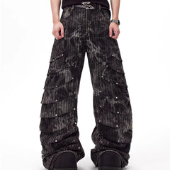 Deconstructed Rivet Machete Jeans Men's Retro Wide Leg Mop Pants - kinko
